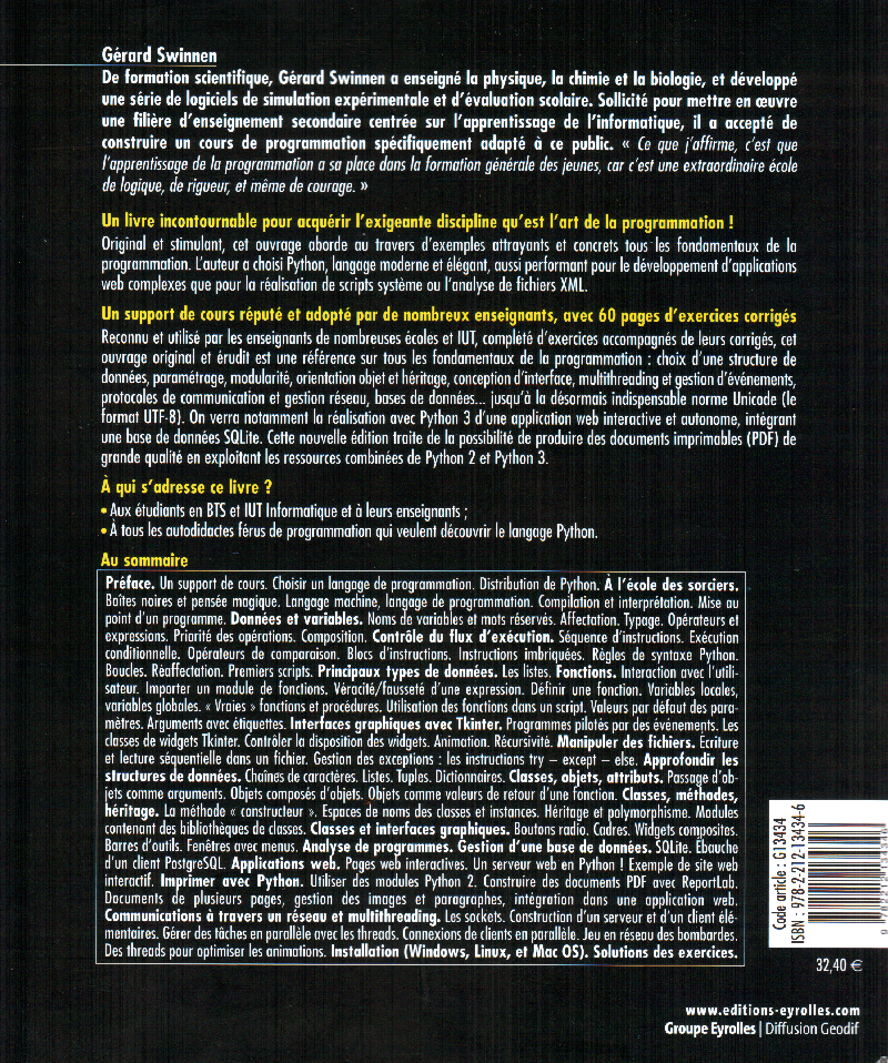Quatrième de couverture Python 3 par Gérard Swinnen